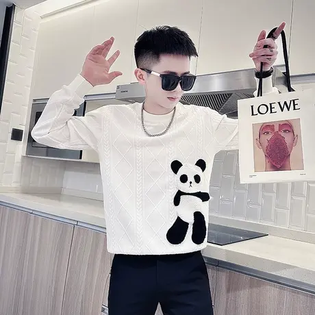 男士高级感熊猫刺绣卫衣秋季潮牌轻熟个性长袖上衣打底衫2023新款商品大图