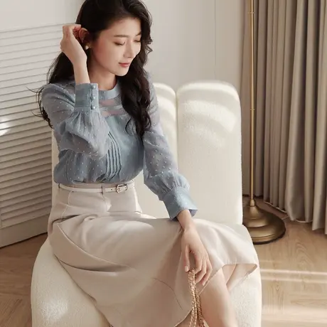 桔熊秋季通勤洋气小衫立体波点拼接微透长袖上衣女装大码AB18912商品大图