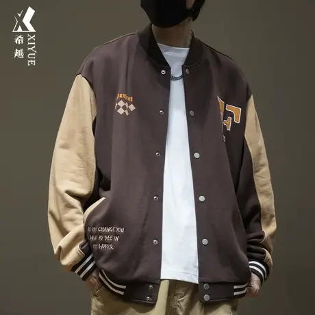 希越纯棉男棒球服拼接撞色印花夹克秋季新款宽松大码美式潮流外套商品大图