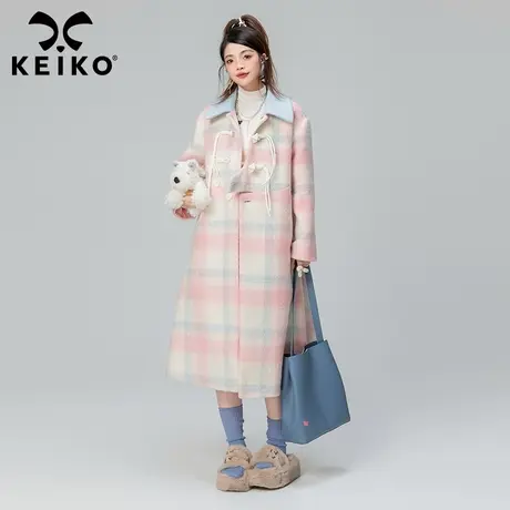 KEIKO 温柔风粉色格子毛呢大衣女长款2023秋冬韩系设计感呢子外套图片