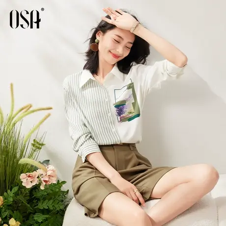 OSA欧莎设计感小众条纹油画印花衬衫女上衣秋装2023新款显瘦衬衣商品大图