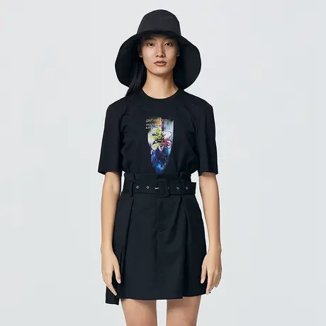 艾莱依夏修身时尚破洞短袖T恤女圆领印花简约纯棉上衣商品大图