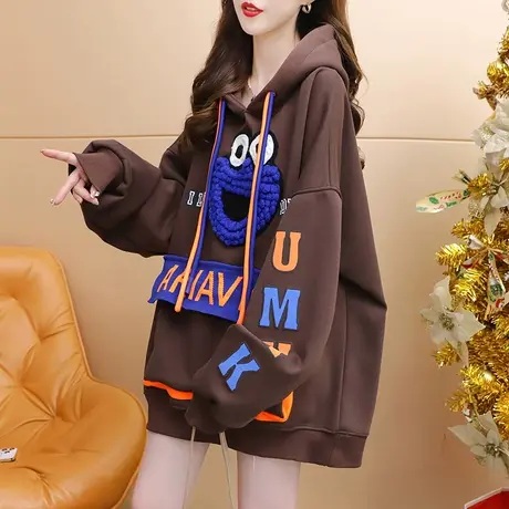 加绒加厚连帽卫衣外套女2023新款秋冬宽松慵懒风百搭oversize上衣图片