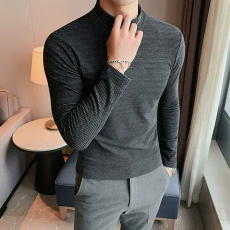高级特调灰暗条纹半高领加厚T恤男长袖秋冬修身打底体恤内搭上衣图片