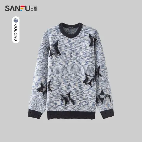 三福2023冬男士渐变绒感花纱毛衣 潮流流苏宽松圆领上衣478872商品大图