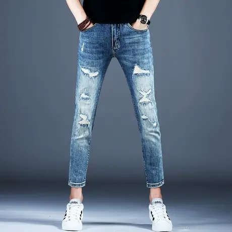 男士九分牛仔裤男款破洞补丁裤子潮流男美式高街小脚修身秋季新款商品大图