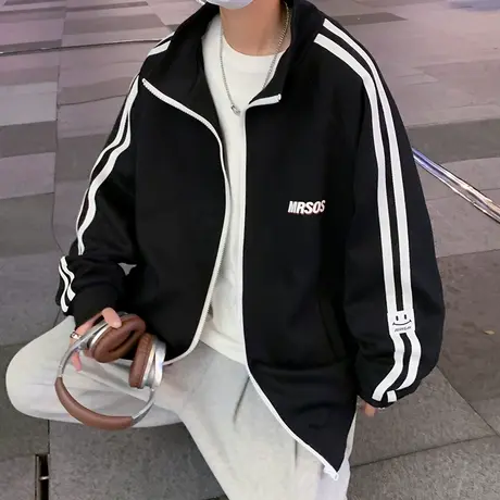 开衫卫衣男秋季宽松休闲条纹翻领上衣服oversize潮流立领长袖外套商品大图