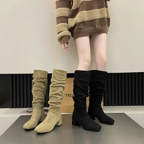 高跟长靴女2023新款秋季高筒粗跟时装小个子复古堆堆靴高级感靴子商品大图