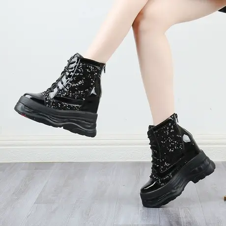 小个子内增高女鞋10CM漆皮亮片圆头休闲厚底坡跟旅游高帮运动鞋潮商品大图