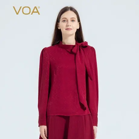 VOA真丝提花22姆米衬衫长袖半高斜巾蝴蝶结领塔克褶装饰直筒T恤秋图片