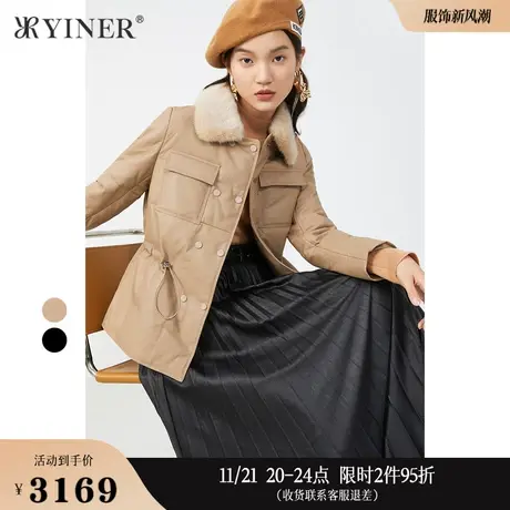 YINER音儿女装冬季暗扣短款水貂毛领真皮羽绒服商品大图