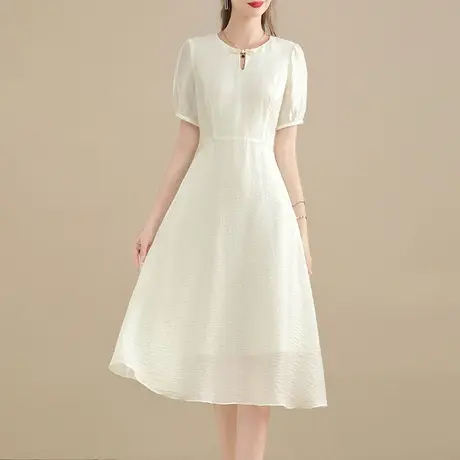 水墨青华2024夏季新品百搭显瘦素雅a型裙气质名媛天丝提花连衣裙商品大图