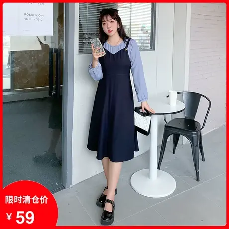 【清仓】季新款气质显瘦遮腹胖MM大码连衣裙中长款拼接撞色假两件图片