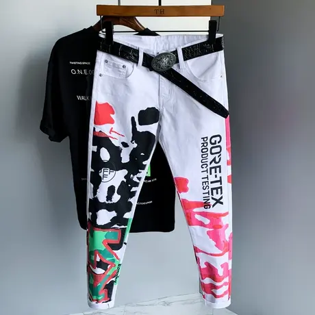 欧美潮牌白色印花裤子男士休闲长裤百搭牛仔裤男韩版潮流修身男生商品大图