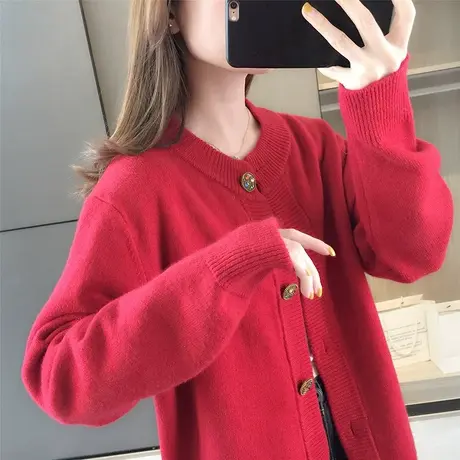 2023新款秋装女士纯色长袖外套开衫毛衣上衣宽松常规针织衫圆领女商品大图