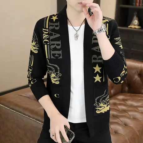 针织开衫毛衣男士外套新款个性提花风衣毛衫潮流秋季时尚外穿秋装商品大图