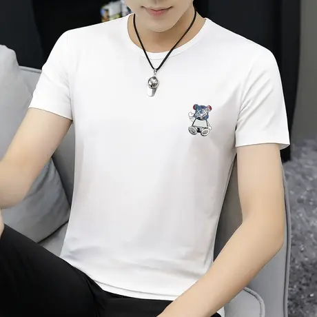 莫代尔白色t恤男士短袖夏季潮牌小熊圆领上衣服冰丝速干凉感半袖商品大图
