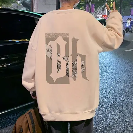 春秋季新款加绒加厚圆领卫衣男潮牌慵懒风无帽外套宽松美式打底衫图片