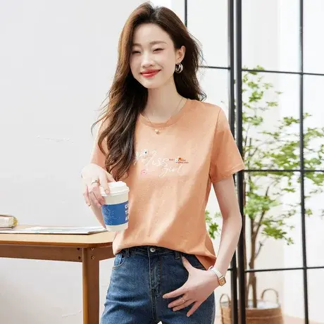 时尚气质T恤短袖2023年夏季新款女士温柔圆领宽松显瘦通勤上衣图片