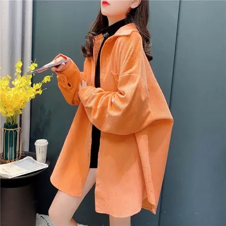 2021春秋新款系带收腰POLO领灯芯绒纯色长袖衬衣中长款休闲女上衣商品大图