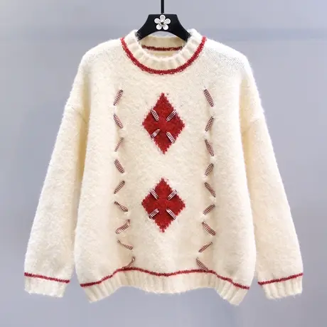 氛围感红格子礼物丝带圣诞毛衣女秋冬2023新款宽松设计感针织衫商品大图