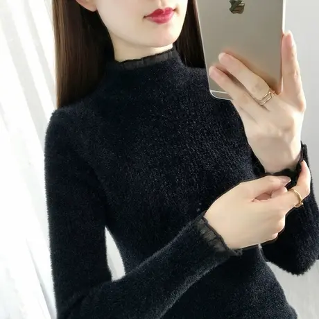 加厚半高领打底衫女长袖短款仿水貂绒毛衣秋冬新款中领针织衫上衣商品大图