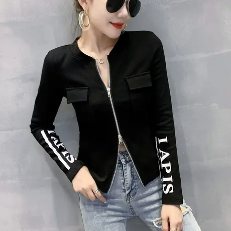 2023春秋新款休闲拉链大弹力T恤女长袖修身短款外套上衣打底衫潮商品大图