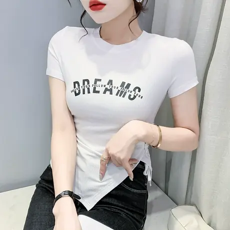 时尚不规则短袖女夏季2024新款紧身高腰上衣短款开叉T恤女设计感商品大图