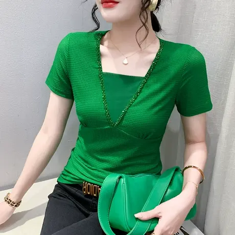 欧货气质网纱T恤女短袖时尚钉珠V领修身小衫夏季修身百搭上衣丅恤商品大图