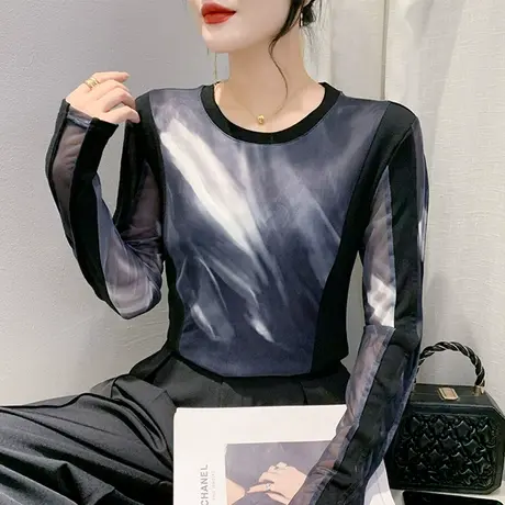 秋冬新款网纱T恤女长袖性感扎染印花打底衫欧货减龄外穿修身上衣商品大图