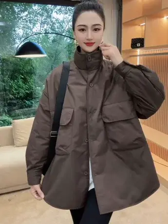 立领工装棉服女2023秋冬新款设计感小众韩版chic宽松慵懒夹棉外套图片