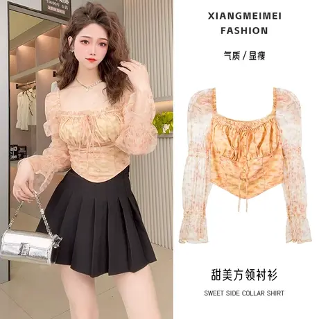 甜美方领纯欲碎花长袖衬衫女法式绑带泡泡袖雪纺衫高级感显瘦上衣商品大图