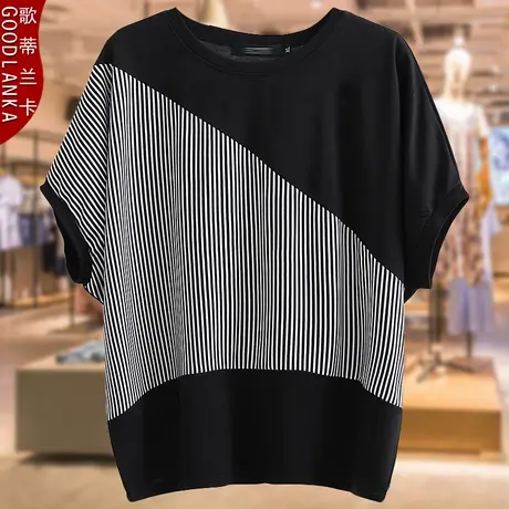 加肥加大码中年妈妈短袖t恤女宽松时尚条纹拼接蝙蝠袖纯棉T恤上衣商品大图