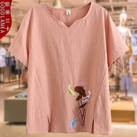 中老年夏季200斤民族风绣花短袖上衣中年妈妈加肥加大码女纯棉T恤商品大图