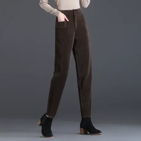 中年妈妈加绒加厚灯芯绒裤子女秋冬宽松加大码条绒休闲萝卜哈伦裤商品大图