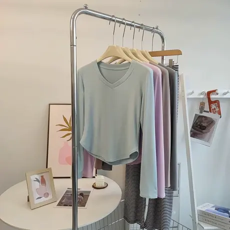 柔软亲肤~螺纹棉v领长袖t恤女春秋季韩版修身百搭弹力打底衫上衣商品大图