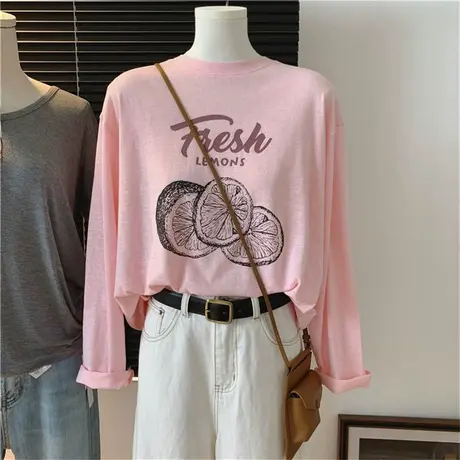 柠檬印花雪花棉长袖打底衫早秋韩版女式宽松青春时尚休闲舒适T恤商品大图