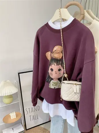 2023秋冬加绒加厚慵懒风女孩图案宽松圆领上衣可爱女韩版套头卫衣商品大图
