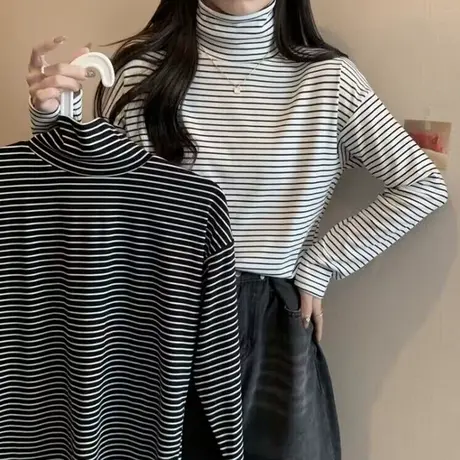 加绒加厚保暖条纹长袖T恤女秋冬季宽松洋气内搭高领打底衫上衣潮商品大图