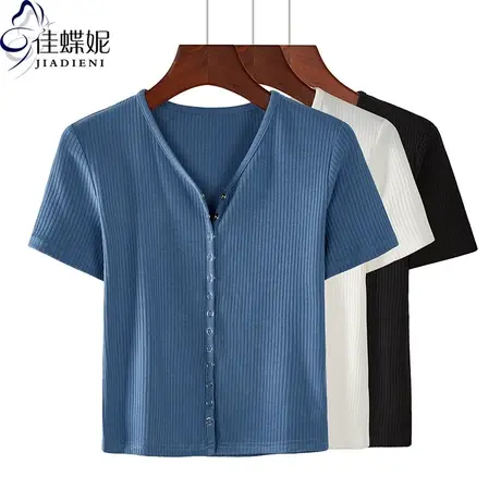 夏季V领修身韩版新款纽扣开衫纯色简约纯棉短袖体恤上衣女外穿商品大图