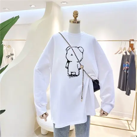 大码简约纯色长袖t恤女2021秋季新款宽松美式潮牌复古上衣情侣装图片