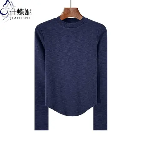 秋冬新款半高领修身下摆圆弧纯欲竹节棉纯色长袖体恤上衣女打底衫商品大图