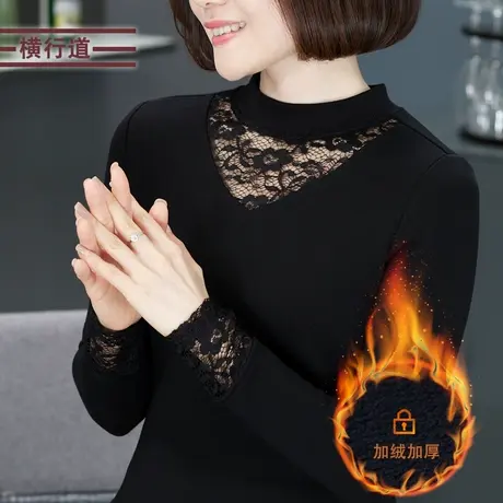 2025春季加厚加绒半高领打底衫女士中年妈妈长袖t恤女蕾丝上衣商品大图