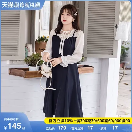 显瘦胖MM大码连衣裙2024年新款法式假两件复古设计感蝴蝶结商品大图
