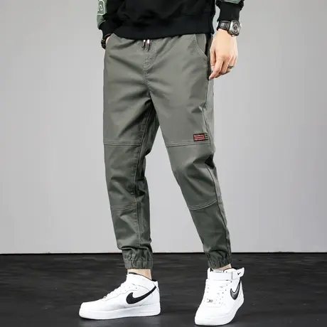 春秋款军绿色工装裤男生青少年长裤子纯棉休闲裤九分宽松束脚哈伦商品大图