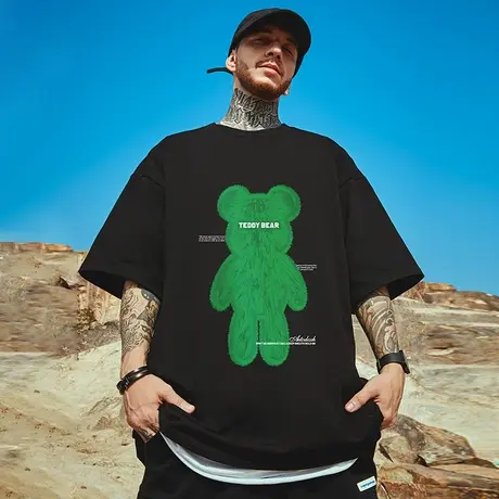 高街潮牌宽松T恤港风短袖ins加肥加大五分袖纯棉小熊情侣大码男装图片