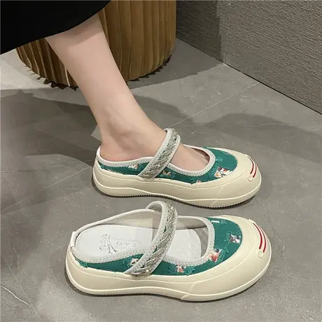 玛丽珍半拖鞋女夏外穿2024新款厚底丑萌大头帆布拖鞋欧货包头凉拖商品大图