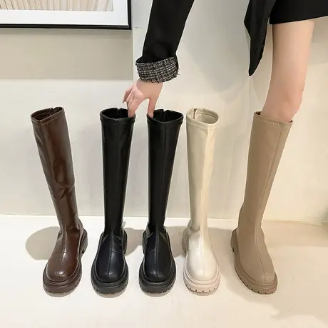 不过膝长筒靴女2024新款秋冬靴子小个子厚底高筒骑士显瘦白色长靴商品大图