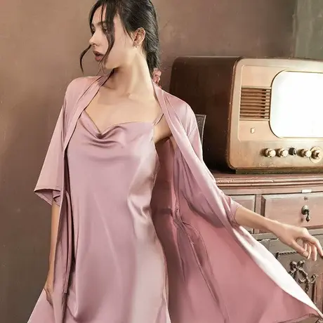 2024年新款性感睡裙女夏冰丝绸薄款春秋短裙袍两件套荡领吊带睡衣商品大图