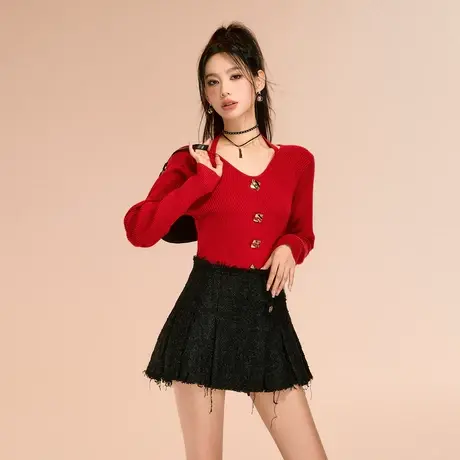 othermix V领挂脖针织衫女2023秋冬新款修身显瘦内搭打底衫短上衣商品大图